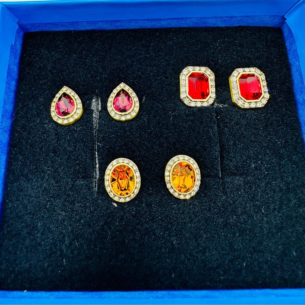 Heidi Daus Crystal Stud Earring Set 3 Pairs Red Amber Burgundy Gold Tone Post